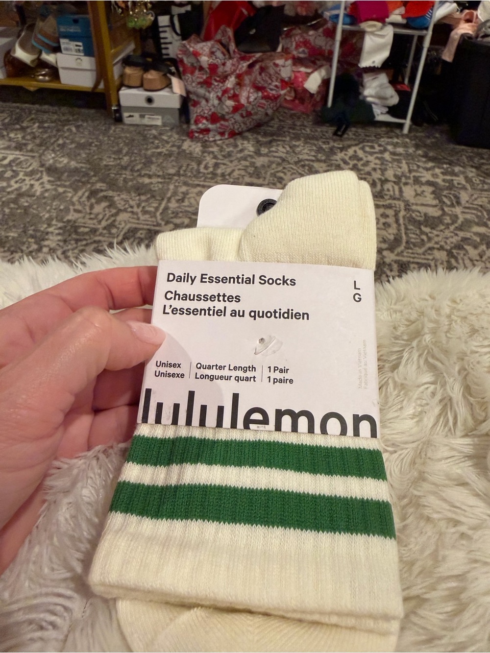 lululemon athletica Cream Quarter Socks with Green Stripes